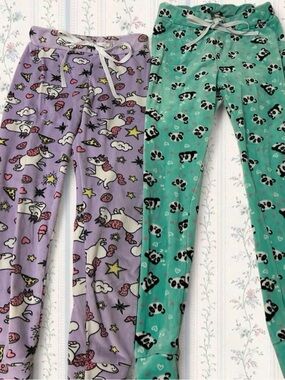 2 bundle pairs of Kids Unicorn & Panda Print Pajama Pants - Purple and Teal
